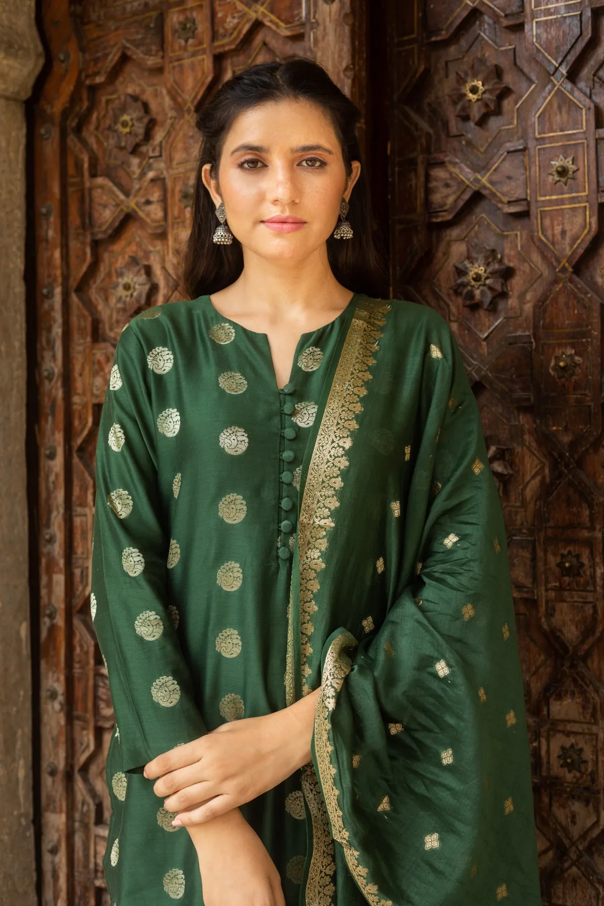 Diva Deep Green Jacquard Silk Kurta, Pants and Dupatta - Set