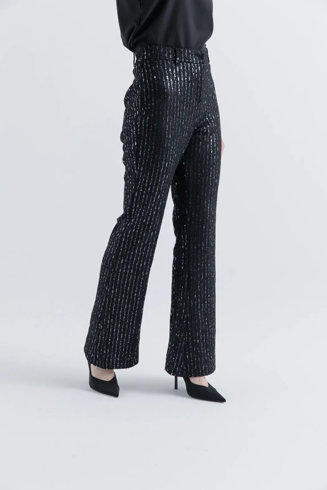 Elegant Black Sequin Flared Pants