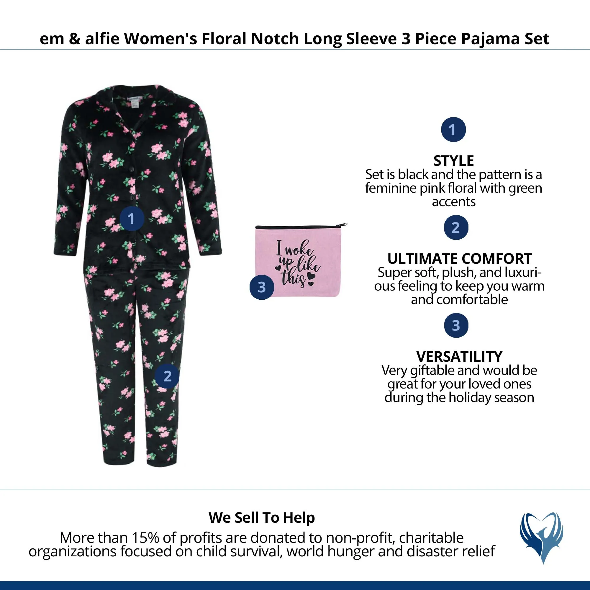 em & alfie Women's Floral Notch Long Sleeve 3 Piece Pajama Set