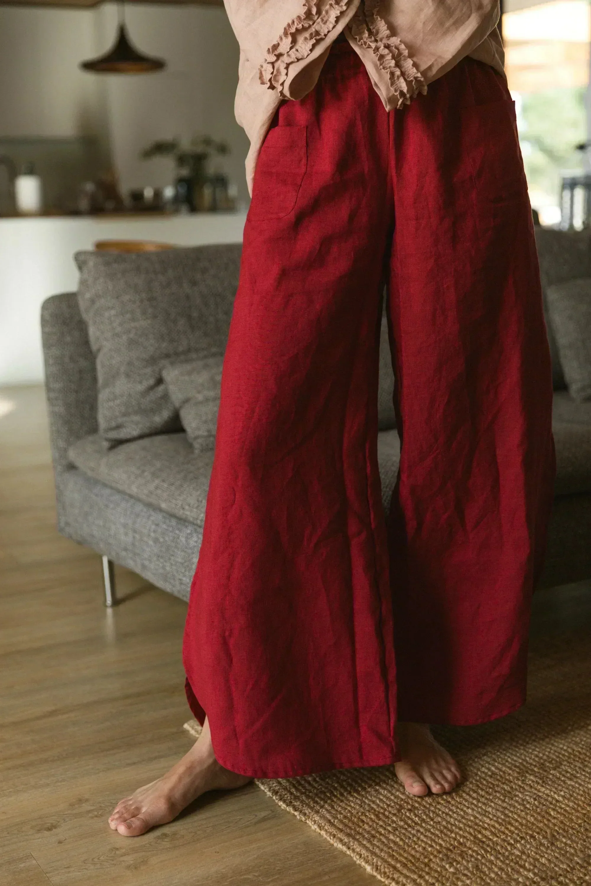 Flared linen pants green olive - Muriel