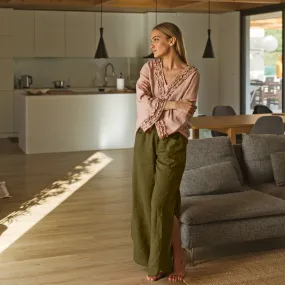 Flared linen pants green olive - Muriel