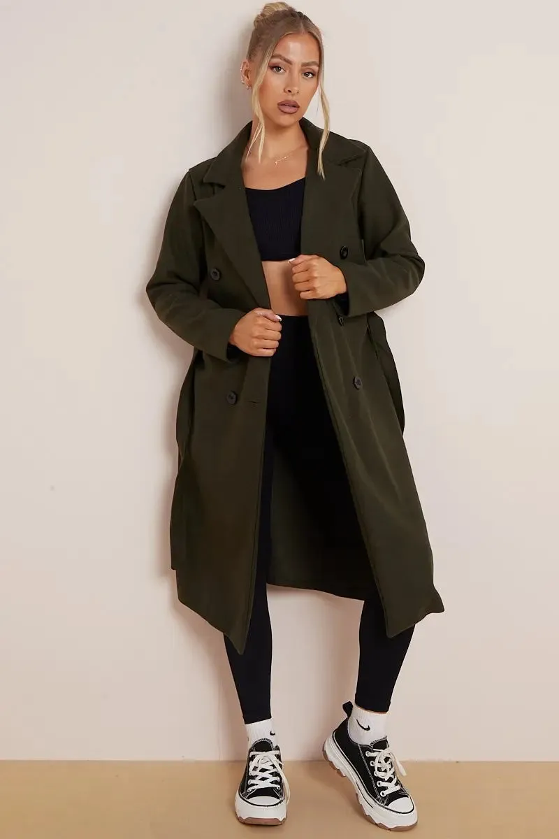 Khaki Notch Lapel Button Waist Tie Thermal Coat