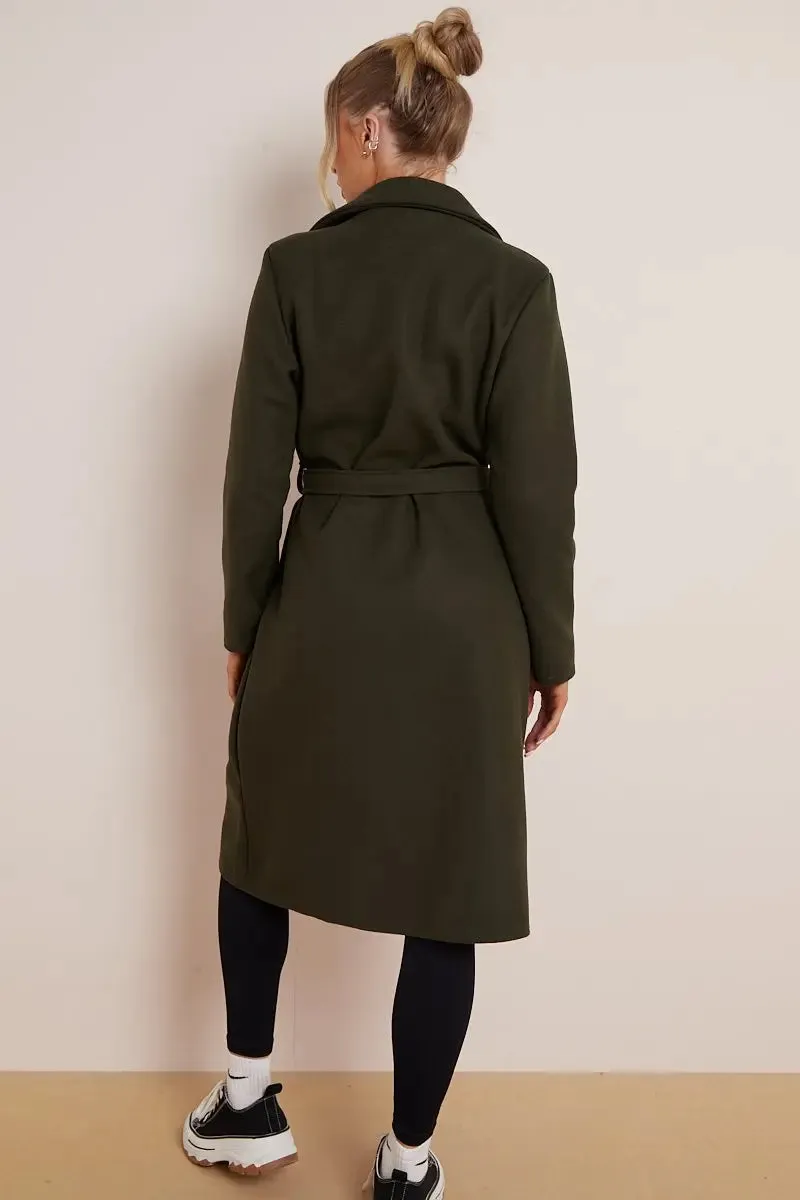 Khaki Notch Lapel Button Waist Tie Thermal Coat