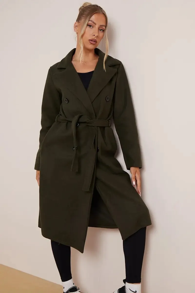 Khaki Notch Lapel Button Waist Tie Thermal Coat