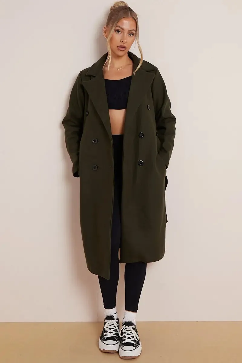 Khaki Notch Lapel Button Waist Tie Thermal Coat