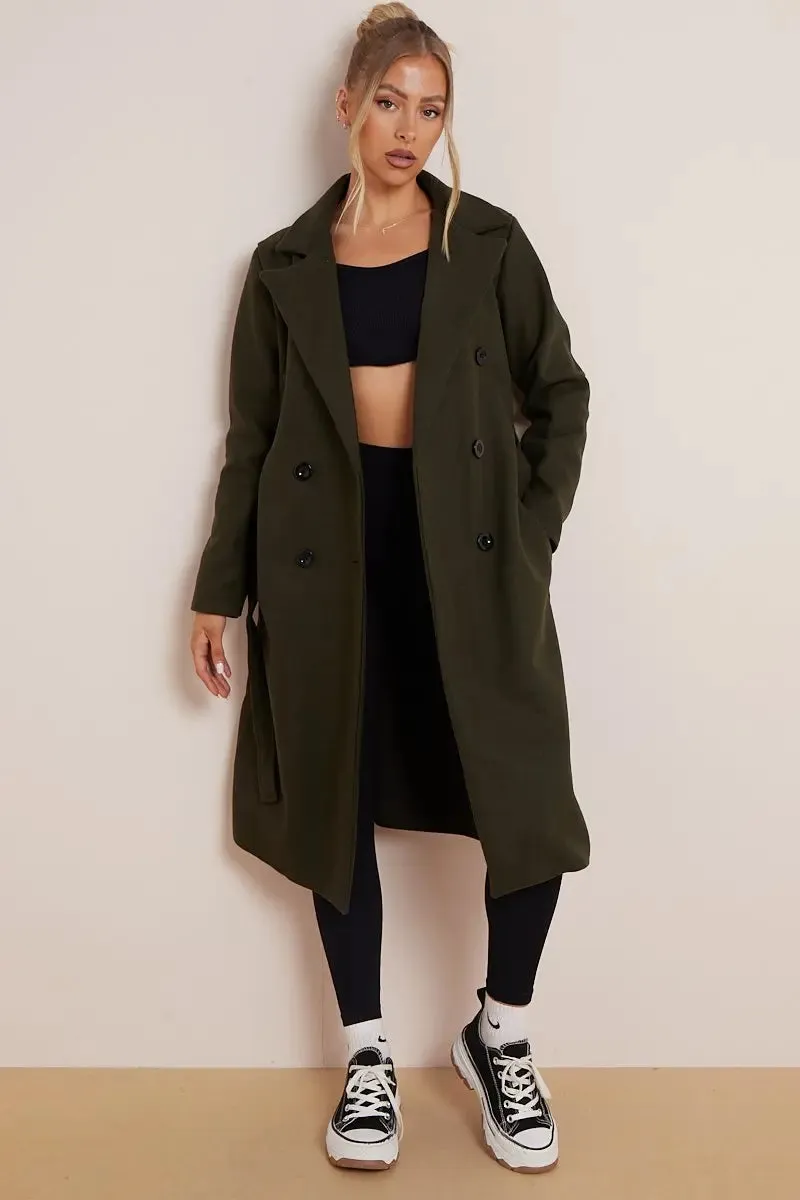 Khaki Notch Lapel Button Waist Tie Thermal Coat