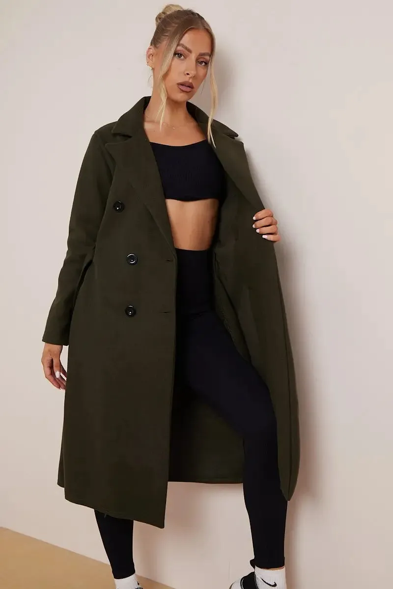 Khaki Notch Lapel Button Waist Tie Thermal Coat