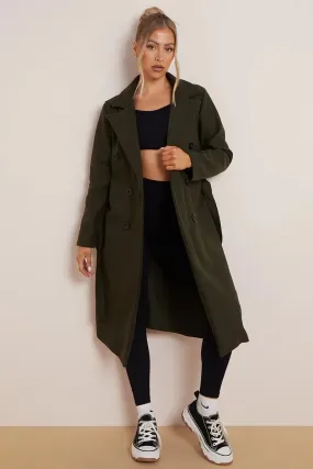 Khaki Notch Lapel Button Waist Tie Thermal Coat