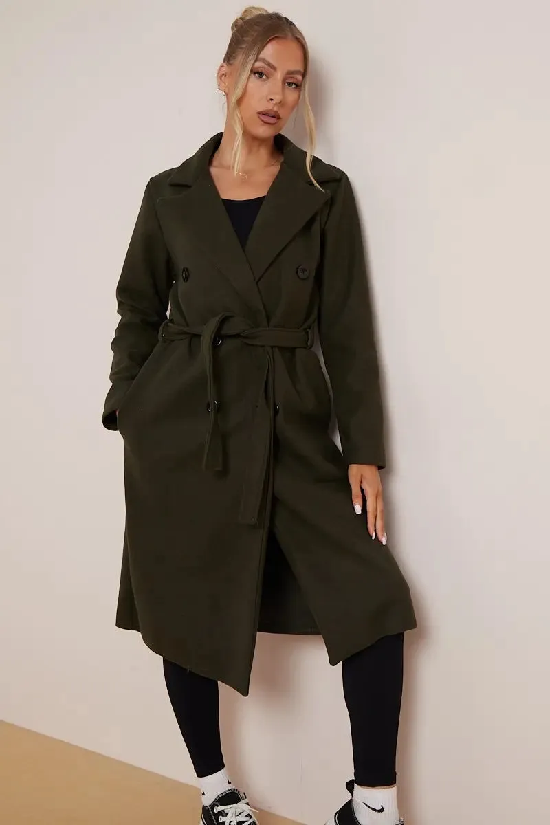 Khaki Notch Lapel Button Waist Tie Thermal Coat