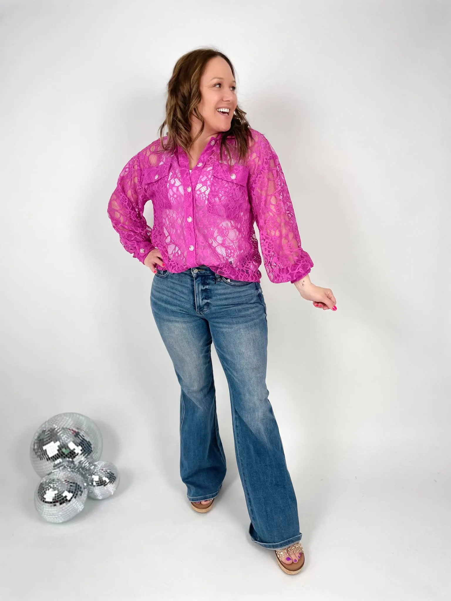 Lace Cascade Shacket Blouse in Magenta