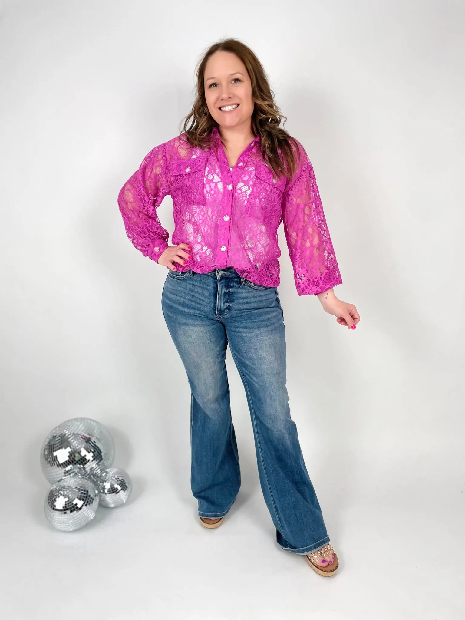 Lace Cascade Shacket Blouse in Magenta
