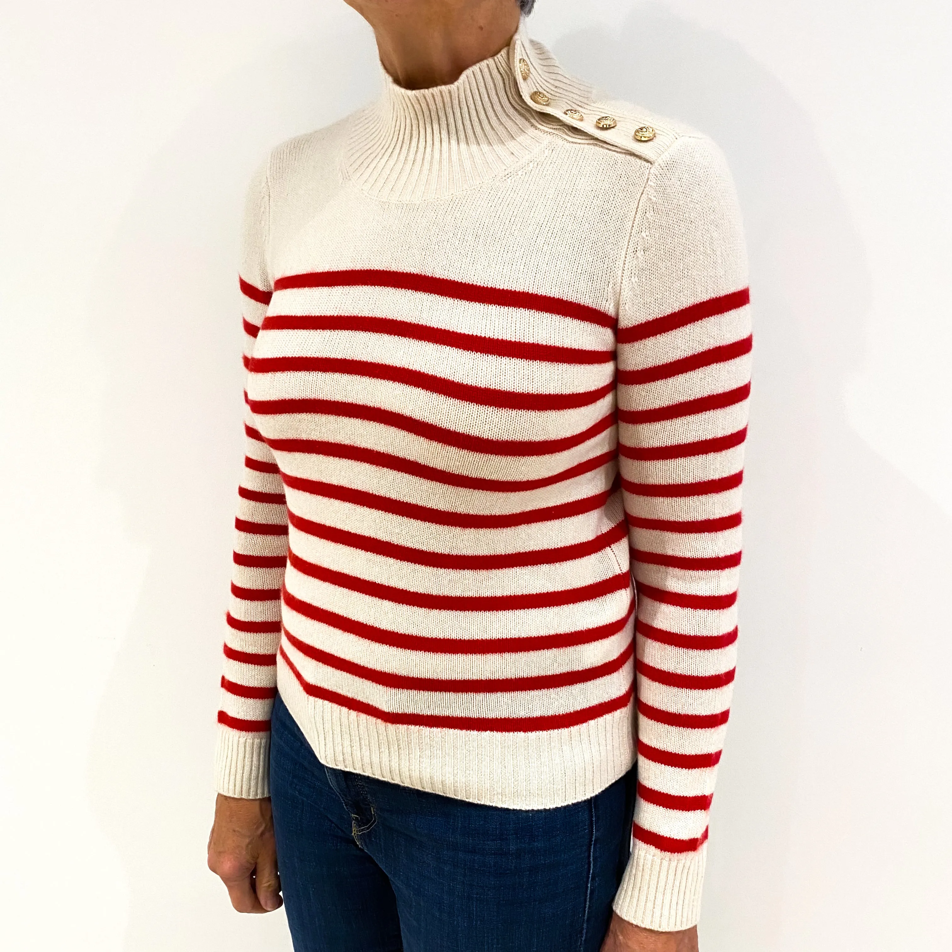 Maje Cream Red Stripe Cashmere Turtle Neck Jumper Medium