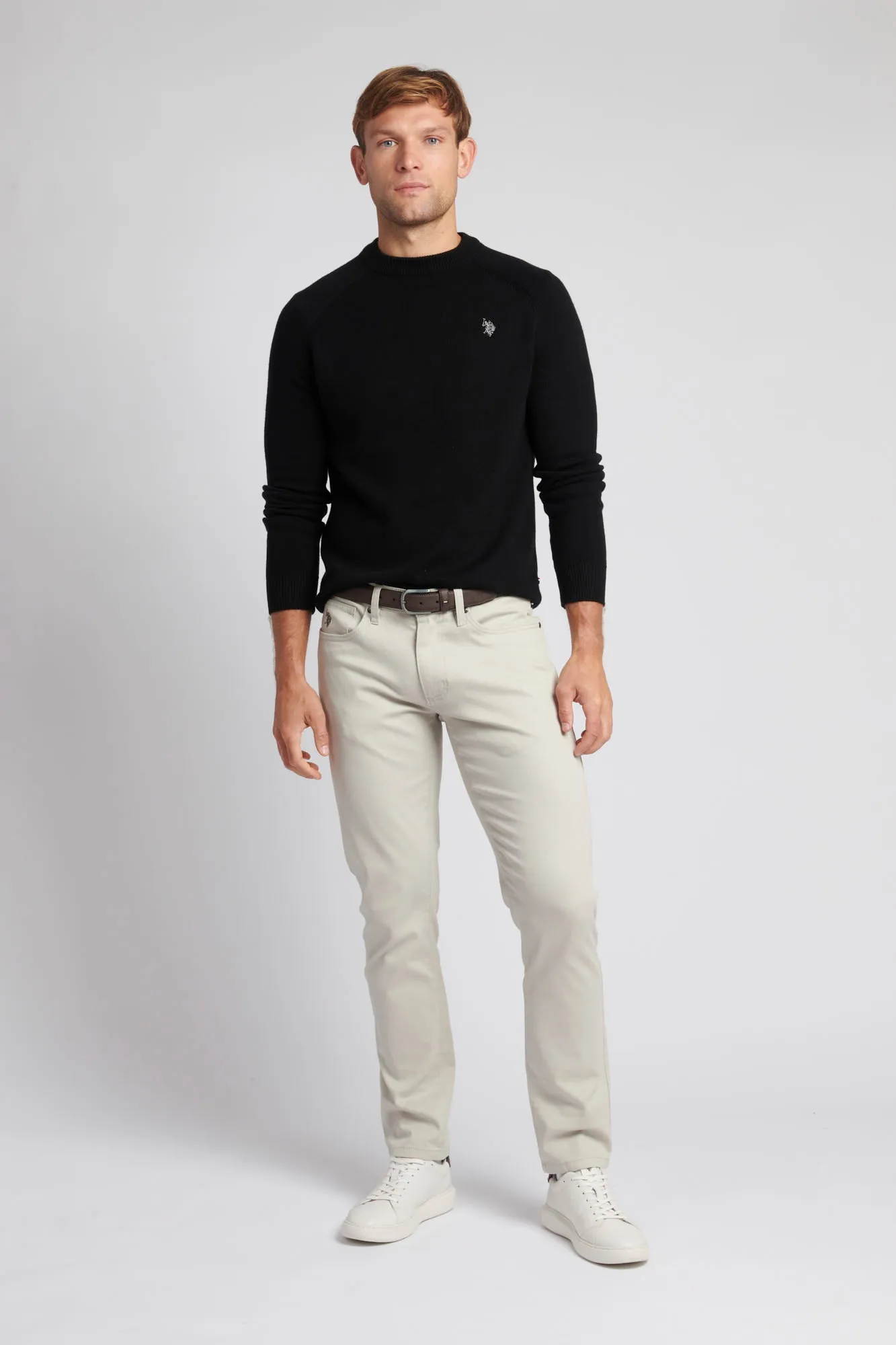 Mens Crew Neck Knitted Jumper in Black Steeple Grey DHM