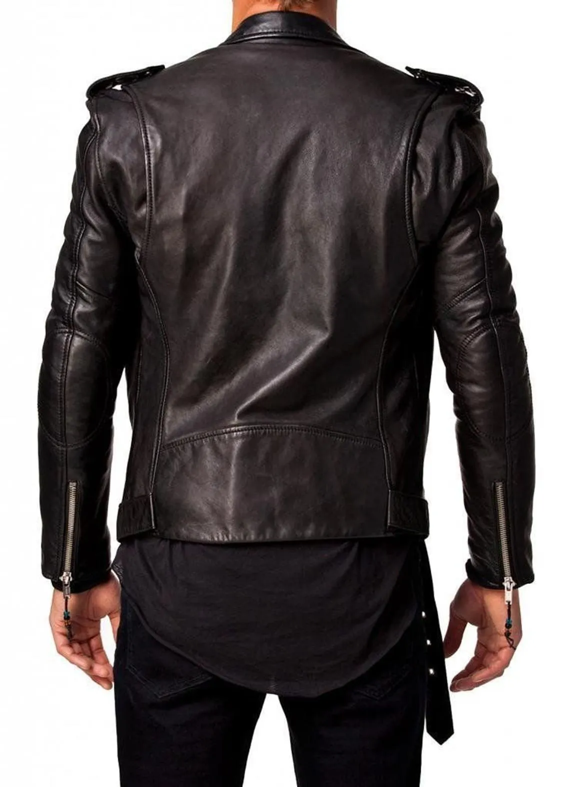 Men's Genuine Lambskin Leather Black Slim fit Biker Motorcycle Brando Fashion Jacket