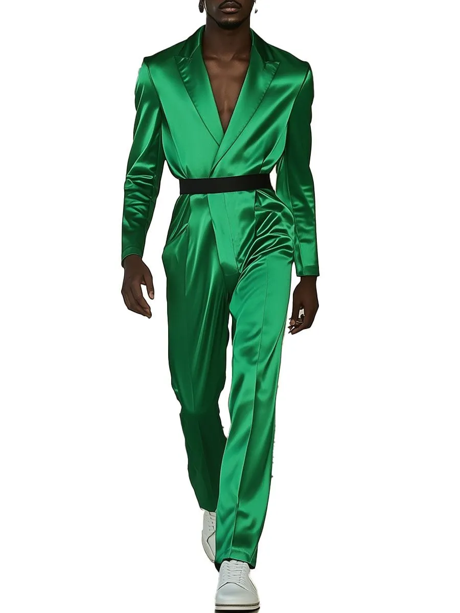 Men's Lapel Green Satin Long Sleeve Straight Jumpsuit