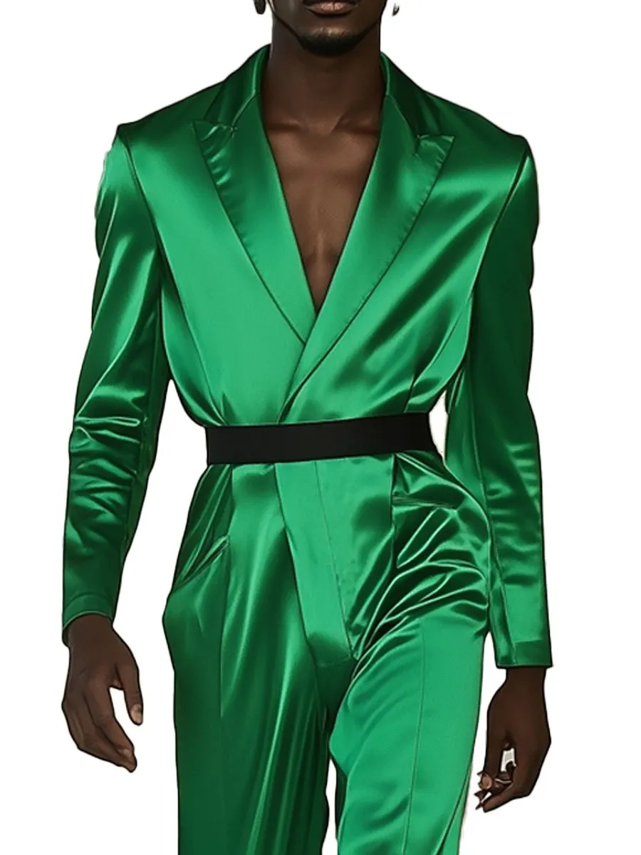 Men's Lapel Green Satin Long Sleeve Straight Jumpsuit