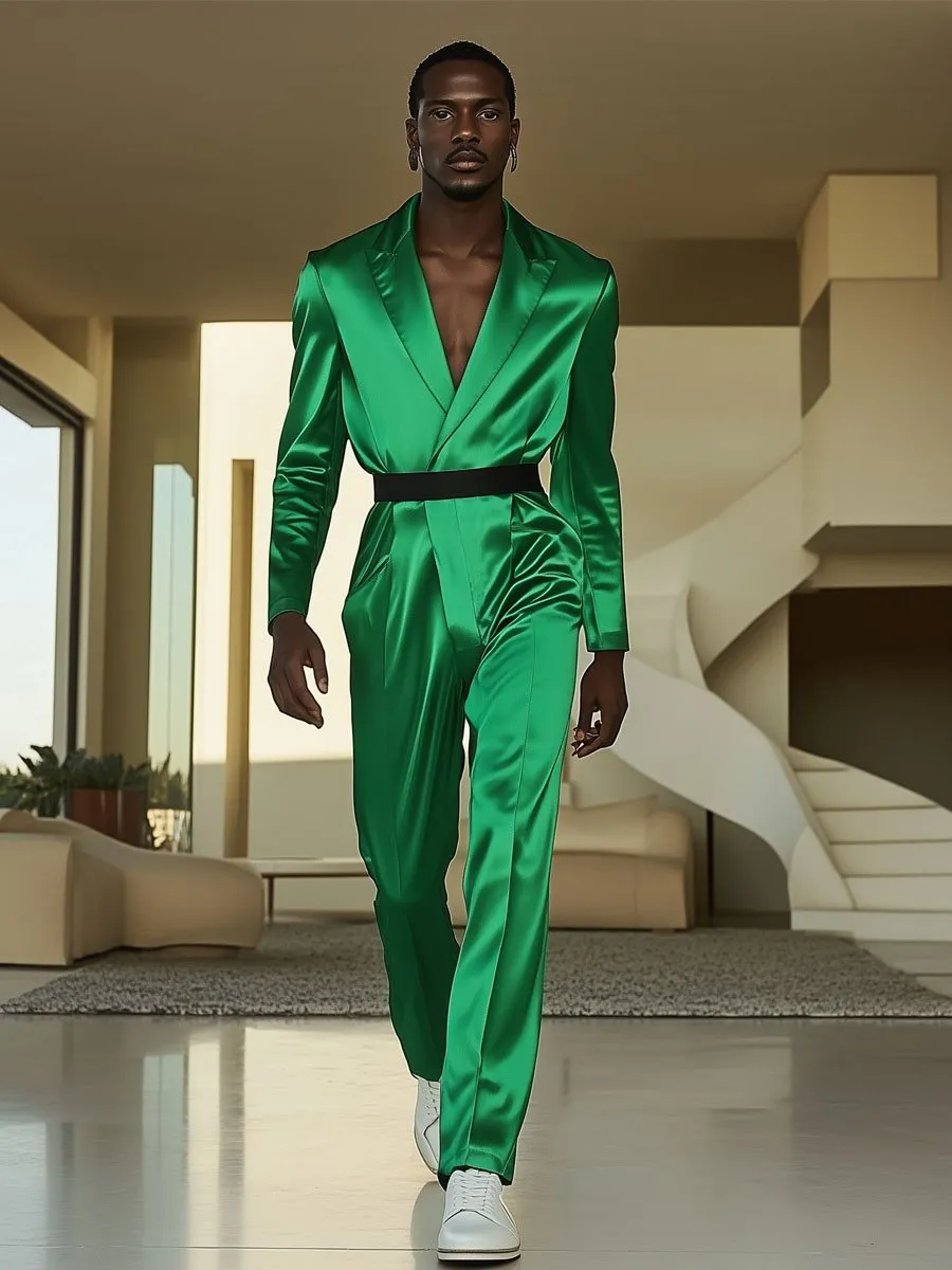 Men's Lapel Green Satin Long Sleeve Straight Jumpsuit
