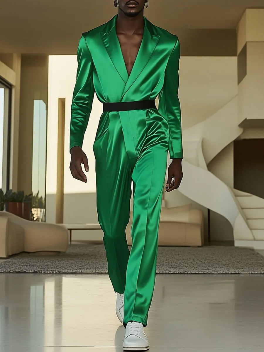 Men's Lapel Green Satin Long Sleeve Straight Jumpsuit
