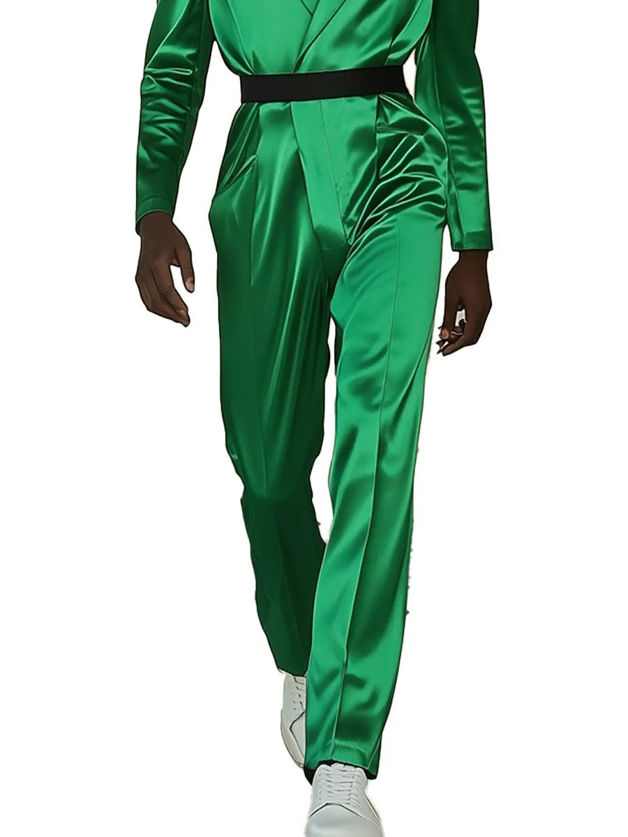 Men's Lapel Green Satin Long Sleeve Straight Jumpsuit
