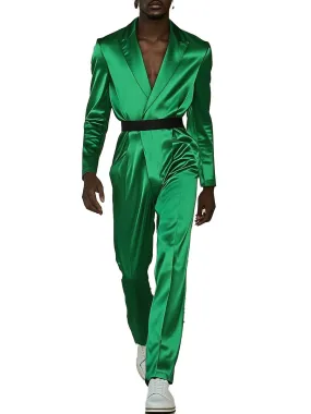 Men's Lapel Green Satin Long Sleeve Straight Jumpsuit