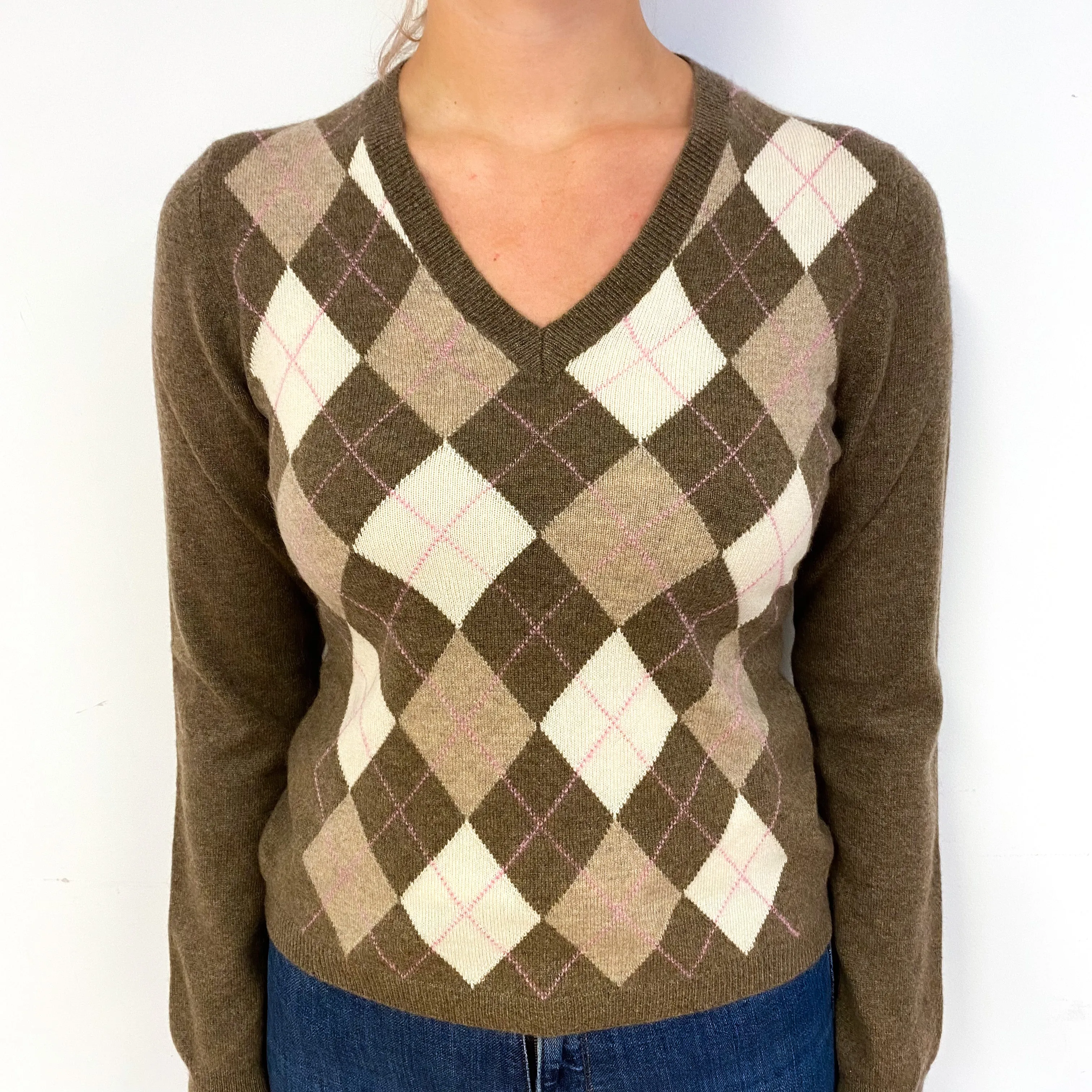 Mocha Brown Diamond Cashmere V-Neck Jumper Small