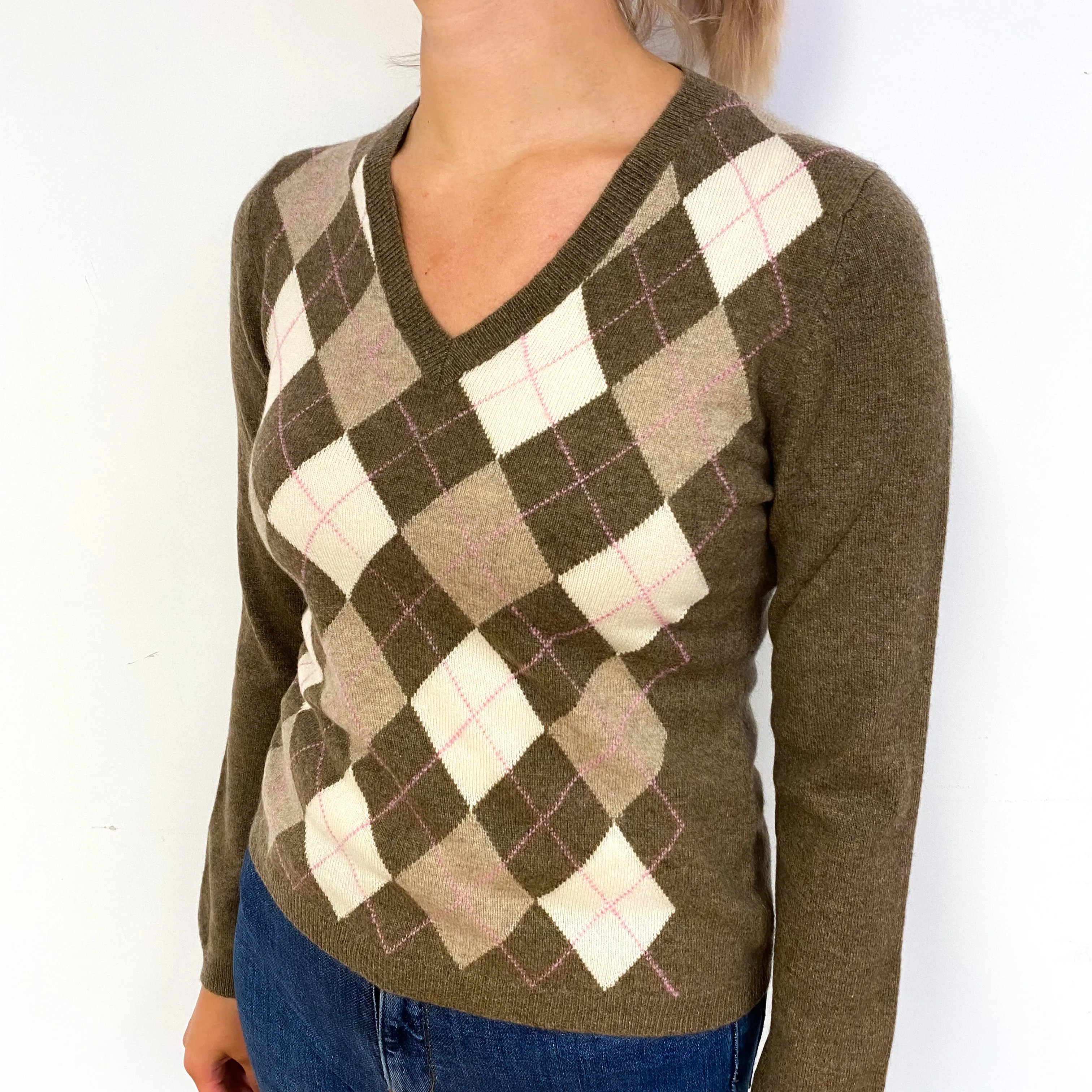 Mocha Brown Diamond Cashmere V-Neck Jumper Small