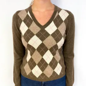 Mocha Brown Diamond Cashmere V-Neck Jumper Small
