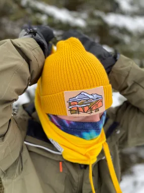 more mountains sustainable fine rib knit beanie | mustard yellow