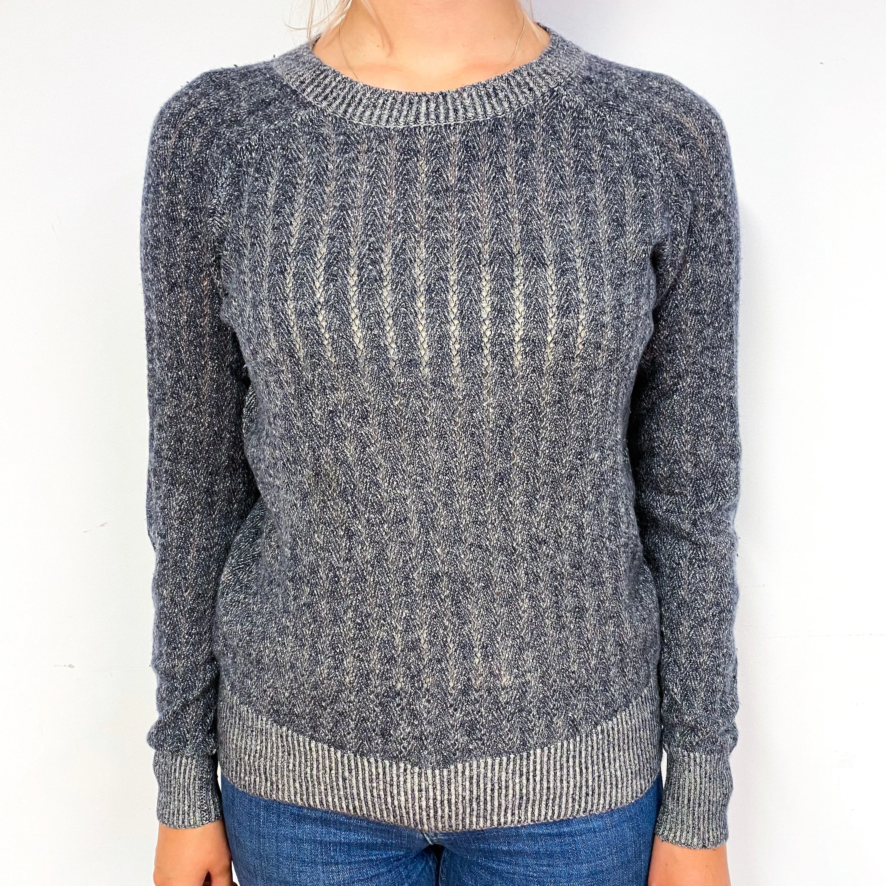 Navy and Grey Marl Cashmere Crew Neck Jumper Small