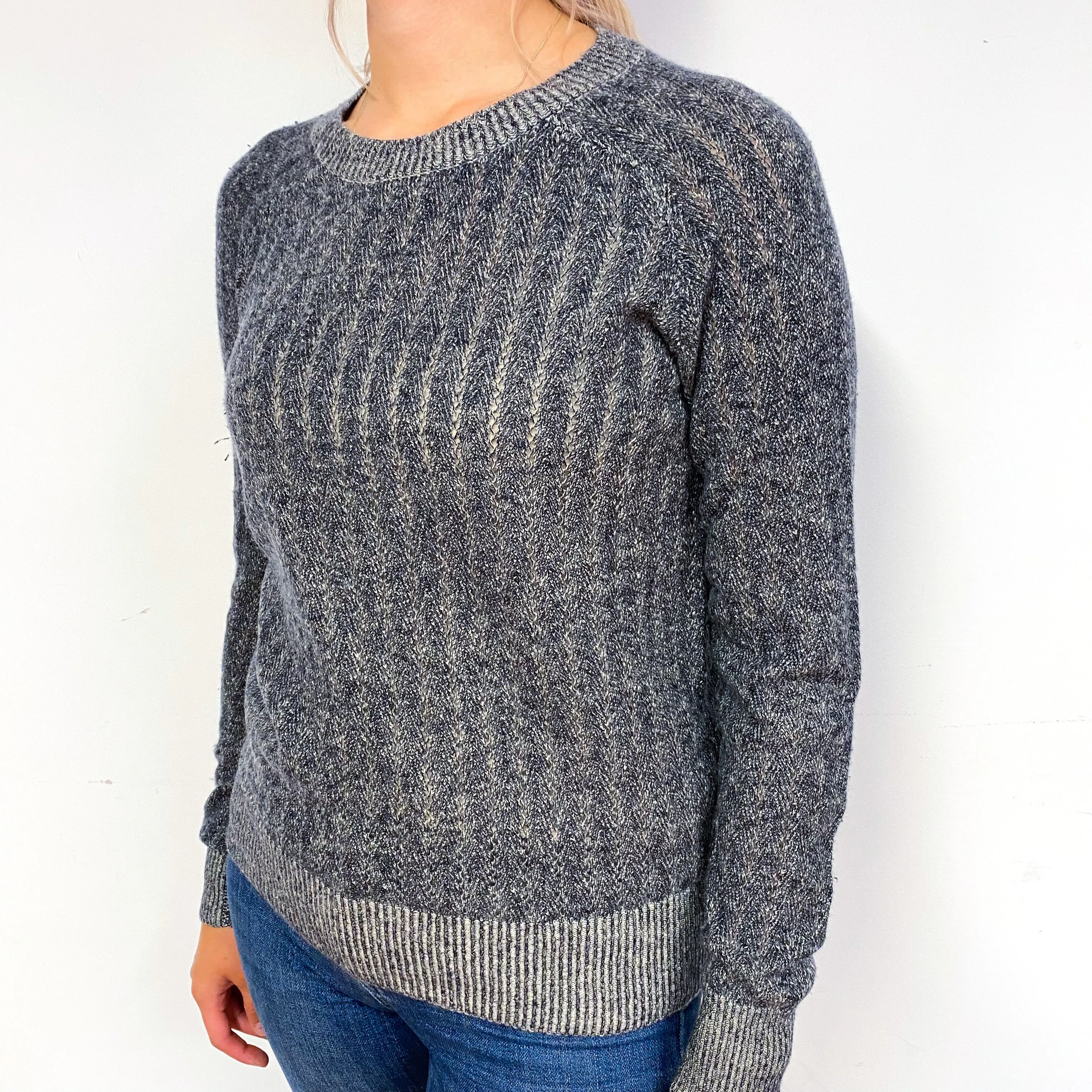 Navy and Grey Marl Cashmere Crew Neck Jumper Small