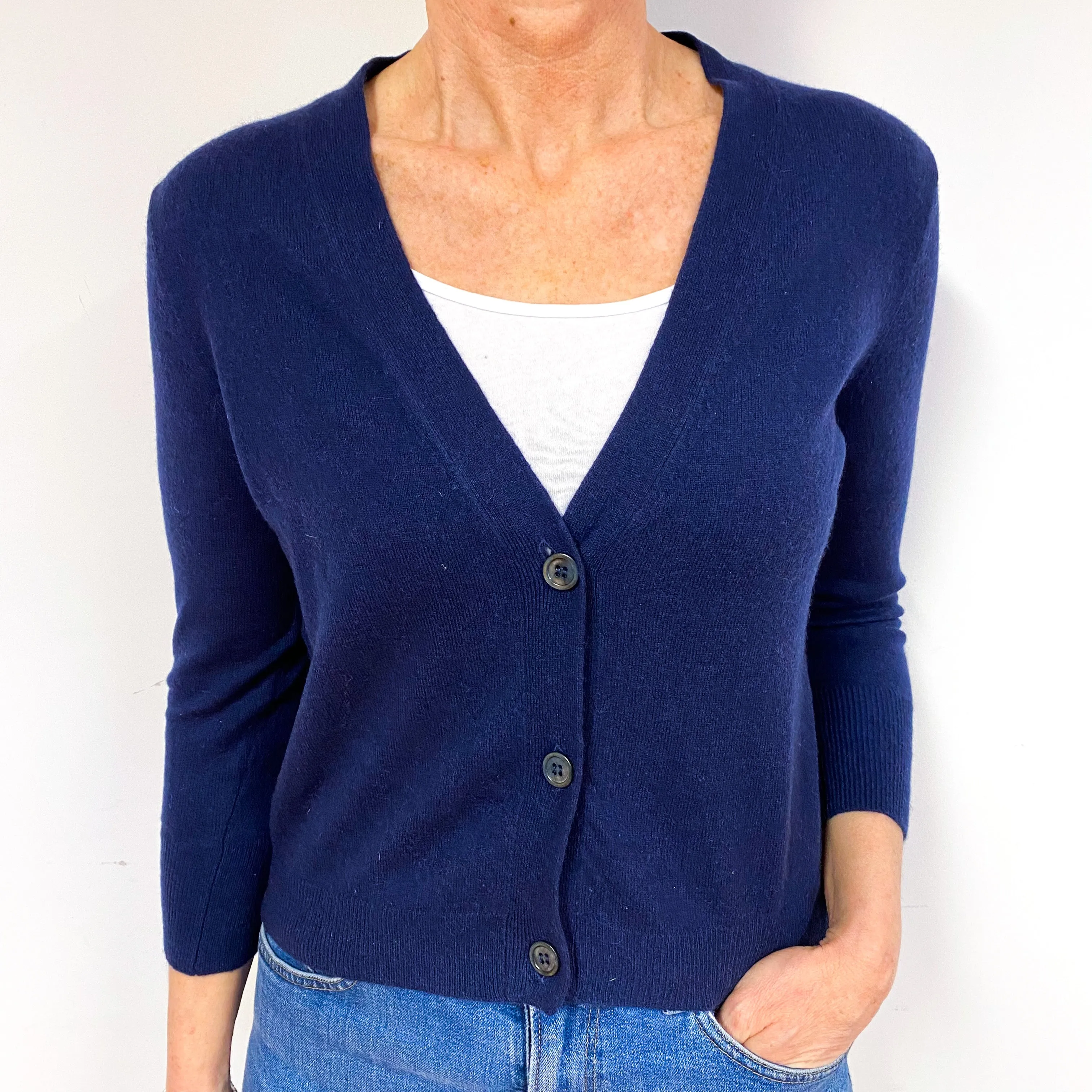 Navy Blue 3/4 Sleeve Cashmere V-Neck Cardigan Medium