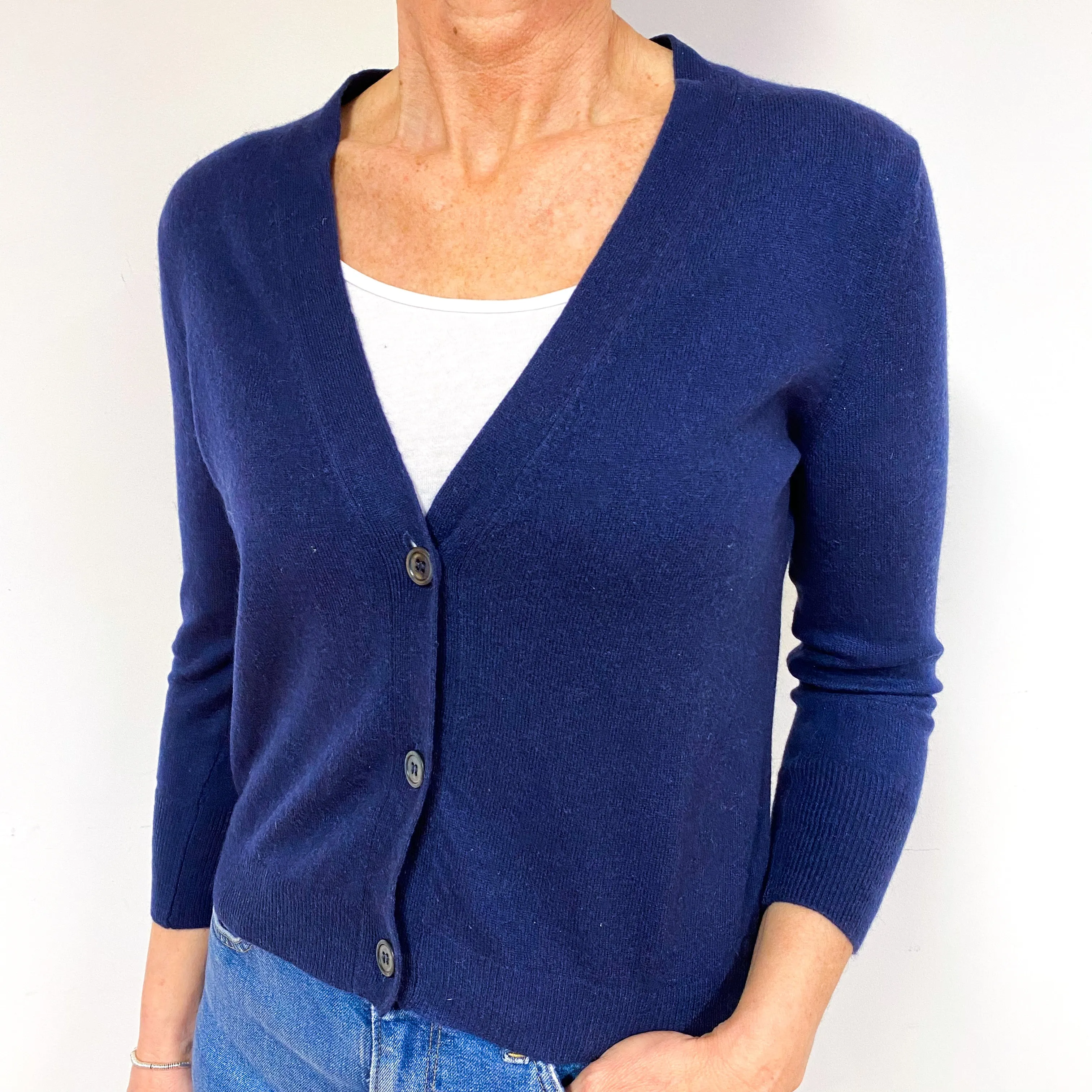 Navy Blue 3/4 Sleeve Cashmere V-Neck Cardigan Medium