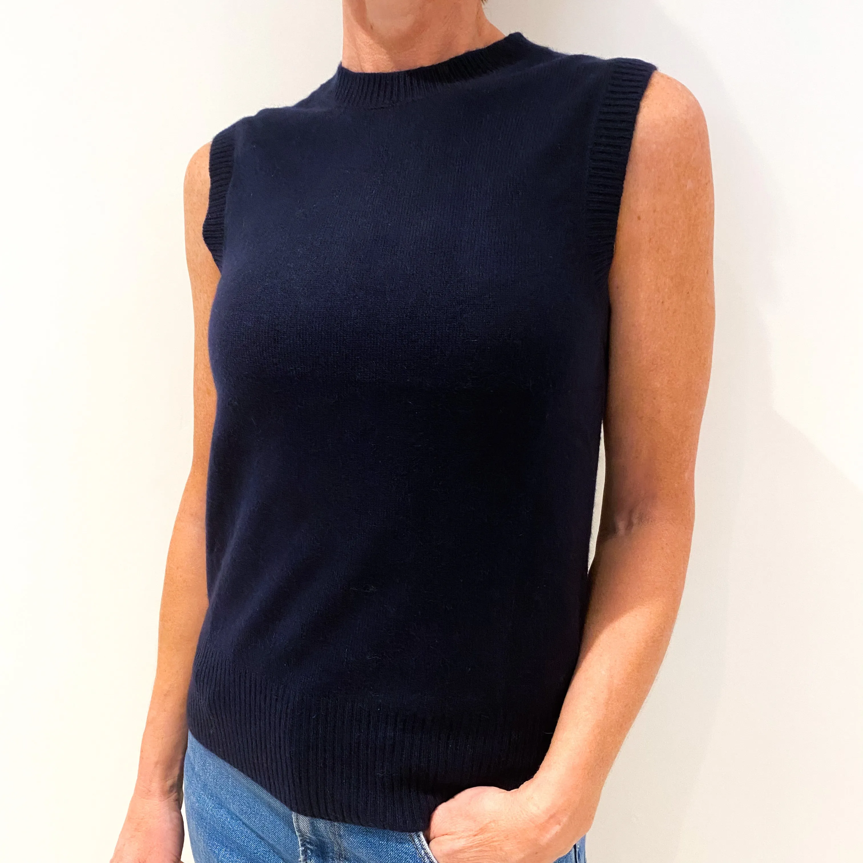 Navy Blue Cashmere Crew Neck Tank Top Small