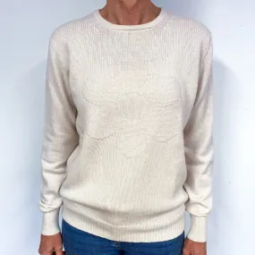 New Ivory Cream Flower Cashmere Crew Neck Jumper Medium