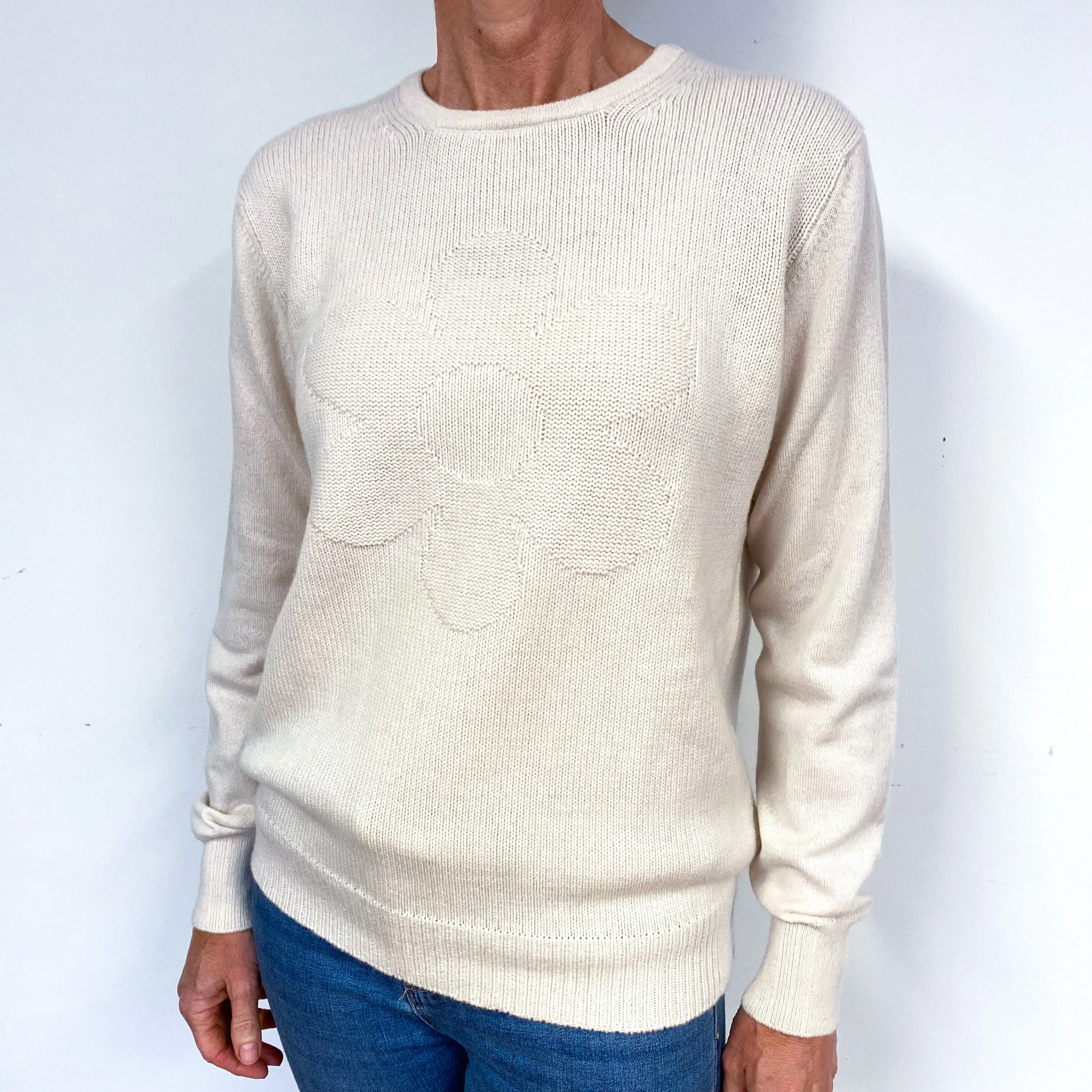 New Ivory Cream Flower Cashmere Crew Neck Jumper Medium