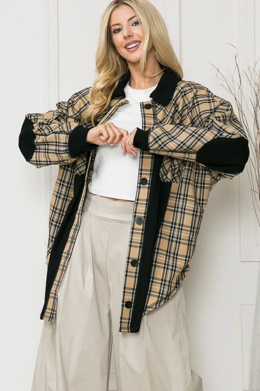 Oversized Elbow Patch Shacket | Leopard Plaid Beige and Black Casual Bomber | Elongated Plaid Trendy Modern Shacket | Long Sleeve Shirt