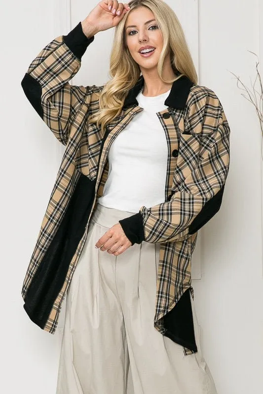 Oversized Elbow Patch Shacket | Leopard Plaid Beige and Black Casual Bomber | Elongated Plaid Trendy Modern Shacket | Long Sleeve Shirt