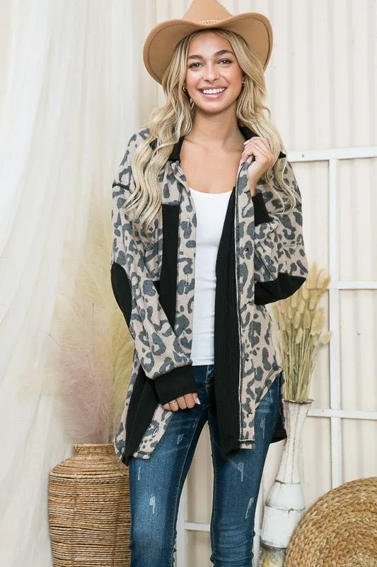 Oversized Elbow Patch Shacket | Leopard Plaid Beige and Black Casual Bomber | Elongated Plaid Trendy Modern Shacket | Long Sleeve Shirt