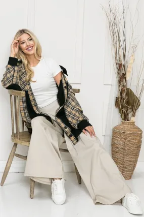 Oversized Elbow Patch Shacket | Leopard Plaid Beige and Black Casual Bomber | Elongated Plaid Trendy Modern Shacket | Long Sleeve Shirt