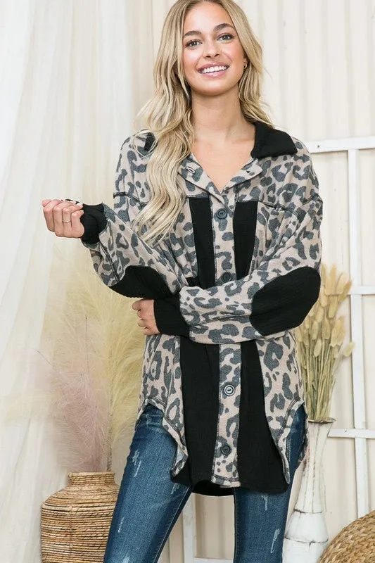 Oversized Elbow Patch Shacket | Leopard Plaid Beige and Black Casual Bomber | Elongated Plaid Trendy Modern Shacket | Long Sleeve Shirt