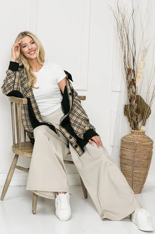 Oversized Elbow Patch Shacket | Leopard Plaid Beige and Black Casual Bomber | Elongated Plaid Trendy Modern Shacket | Long Sleeve Shirt