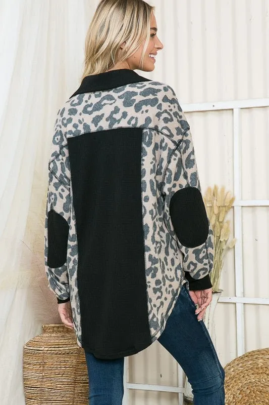 Oversized Elbow Patch Shacket | Leopard Plaid Beige and Black Casual Bomber | Elongated Plaid Trendy Modern Shacket | Long Sleeve Shirt