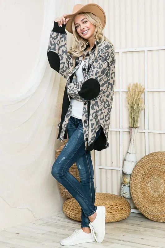 Oversized Elbow Patch Shacket | Leopard Plaid Beige and Black Casual Bomber | Elongated Plaid Trendy Modern Shacket | Long Sleeve Shirt