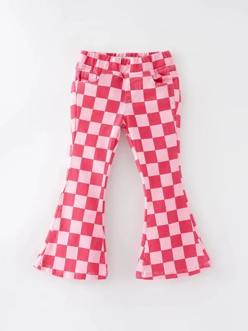 Pink Checkered Print Flared Jeans w/ Elastic Waistband