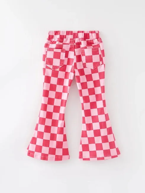Pink Checkered Print Flared Jeans w/ Elastic Waistband