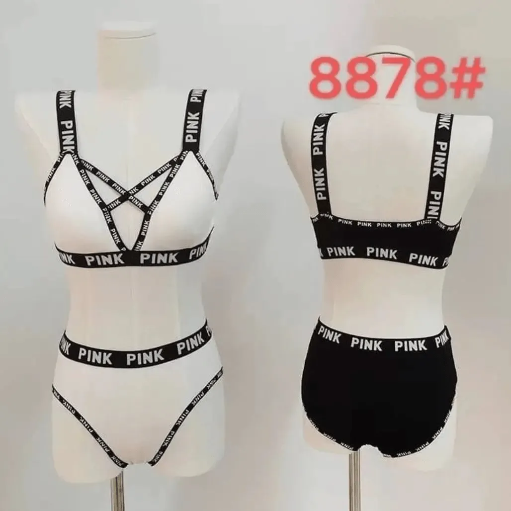 Pink Cotton Sports Fitness Bra & Underwear Set - 8878#