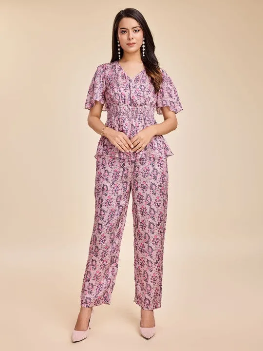 printed crossover neckline with flared sleeves & smocking at the waist top with straight pants  set in modal satin - Pink