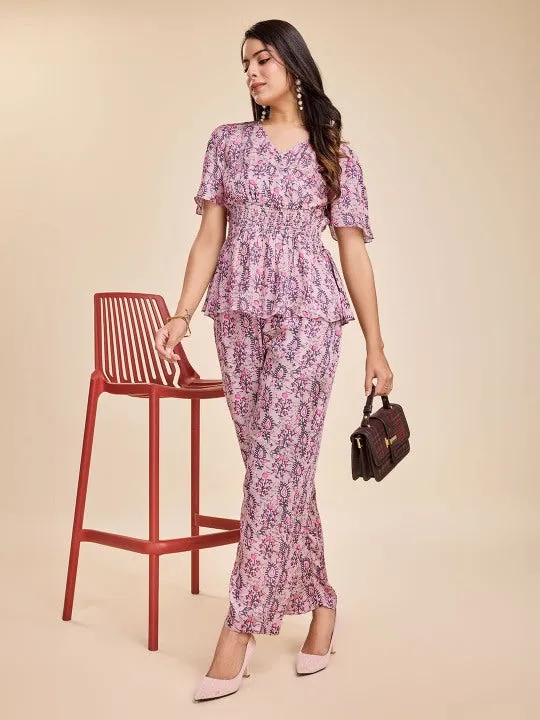 printed crossover neckline with flared sleeves & smocking at the waist top with straight pants  set in modal satin - Pink
