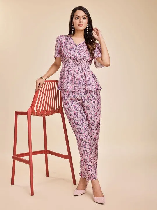 printed crossover neckline with flared sleeves & smocking at the waist top with straight pants  set in modal satin - Pink