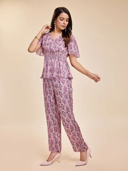 printed crossover neckline with flared sleeves & smocking at the waist top with straight pants  set in modal satin - Pink